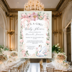 Blumenrot Rosa Ribbon Elegante Schwan Babydusche Einladung