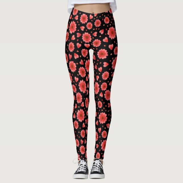 Blumenrotes Blume-Muster mit schwarzem Hintergrund Leggings (Vorderseite)