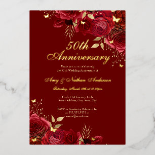 Blumenrotes Gold 50. Hochzeitstag Folieneinladung