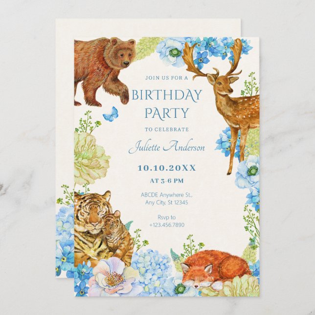 Blumensafari-Wald-Natur Geburtstag Einladung (Vorne/Hinten)