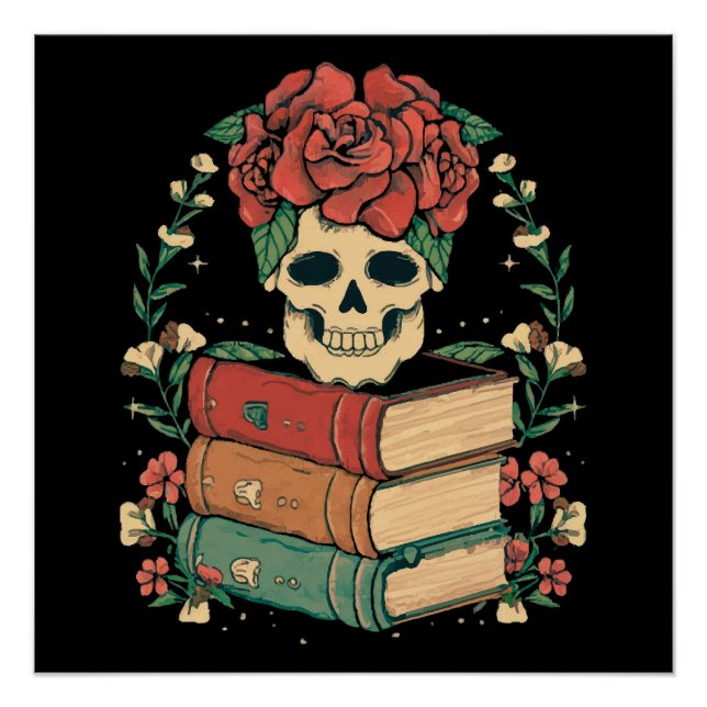 Blumenschädel auf Ihren Büchern Poster (Vorderseite)