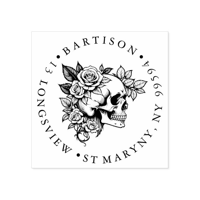 Blumenschädel aus Holz-ADRESSE RUBBER STAMP Gummistempel (Prägung)