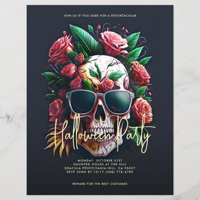Blumenschädel Dunkelgrau-Halloween-Party Flyer (Vorne)