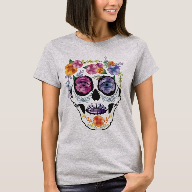 Blumenschädel-Entwurfs-Blumen-Frauen Spitzen T-Shirt (Vorderseite)