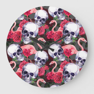 Blumenschädel, Flamingo nahtloses Muster. Große Wanduhr