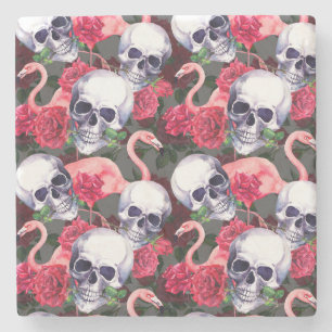 Blumenschädel, Flamingo nahtloses Muster. Steinuntersetzer