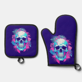 Blumenschädel im Vaporwave-Stil Ofenhandschuh & Topflappen-Set