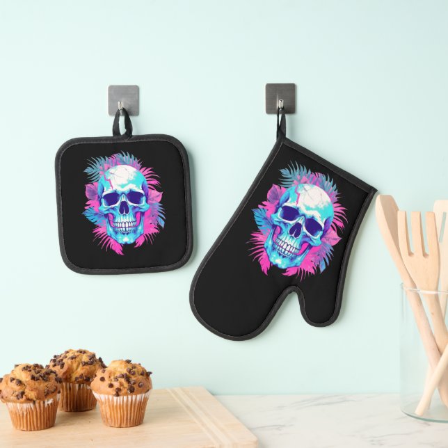 Blumenschädel im Vaporwave-Stil Ofenhandschuh & Topflappen-Set (Insitu (Hängend))