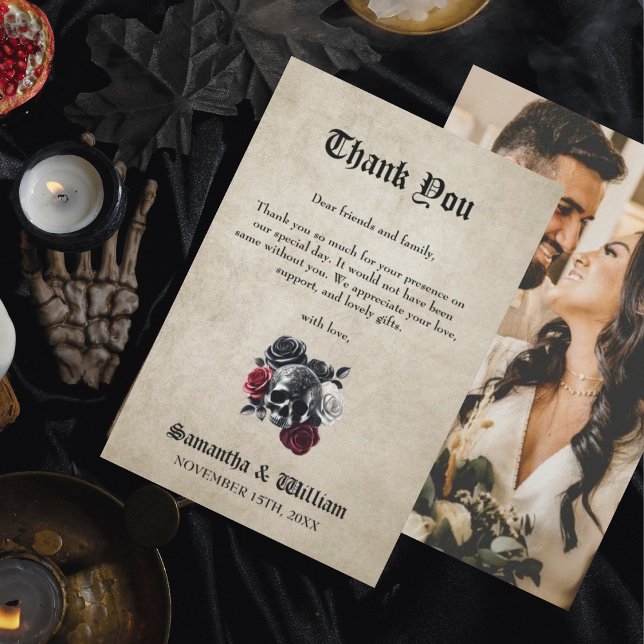 Blumenschädel Rustikales Foto Halloween Hochzeit Dankeskarte (Von Creator hochgeladen)