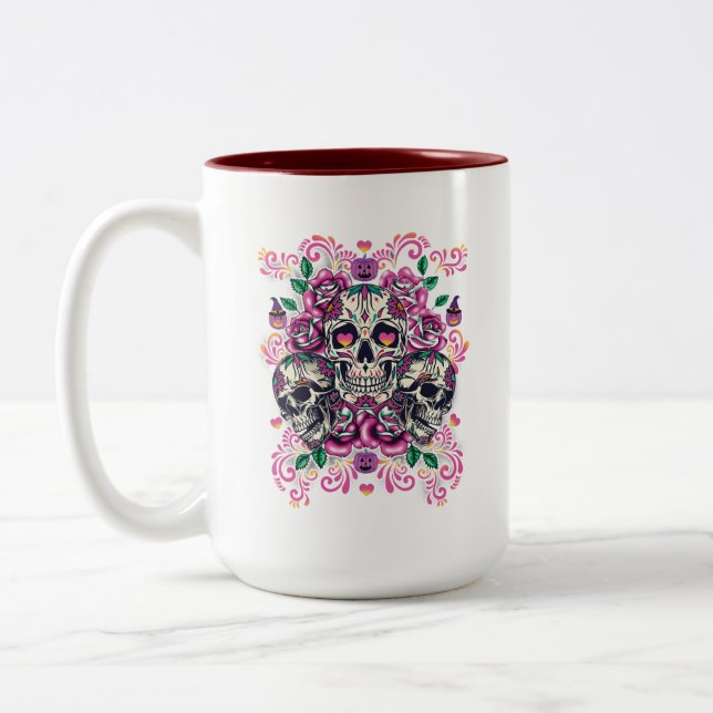 Blumenschädel, Skelett, Aquarellpinke, Halloween Zweifarbige Tasse (Links)