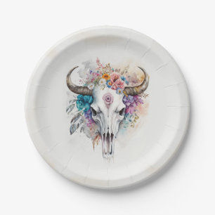 Blumenschädel-Stier-Wasserfarben-Kunst Pappteller