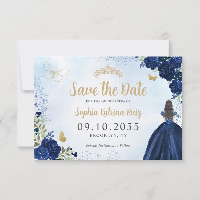 Blumenschiff Blue Gold Princess Tiara Quinceanera Save The Date (Vorderseite)