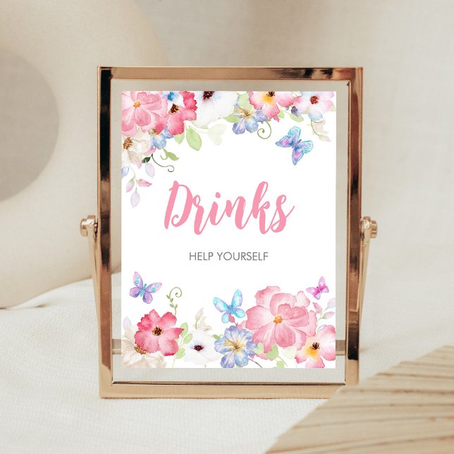 Blumenschmetterling Baby Shower Getränke Schild (Butterflies Baby Shower Drinks Sign)