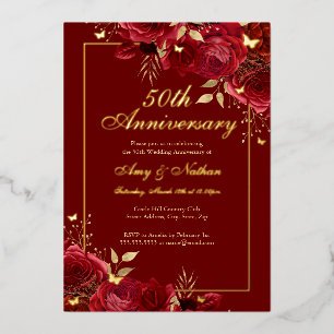 Blumenschmetterling Rot 50. Hochzeitstag Folieneinladung