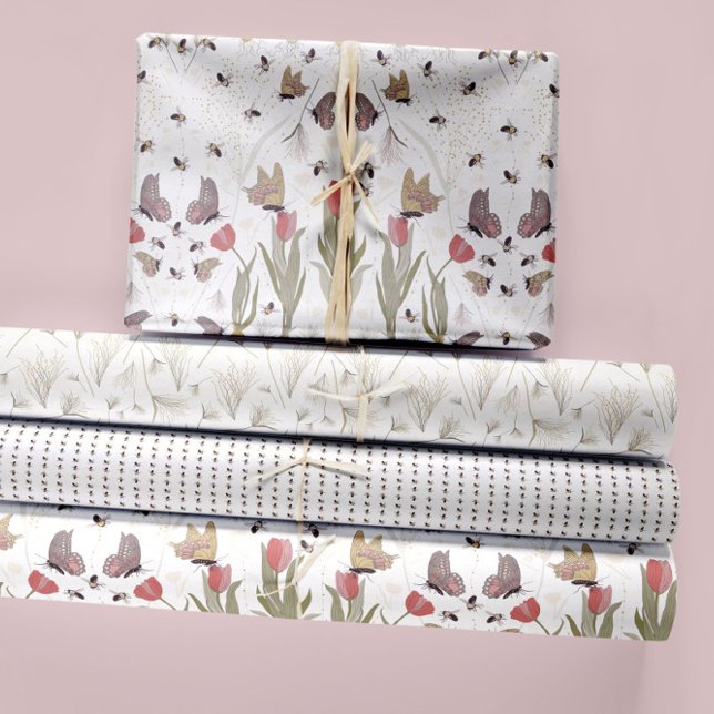 Blumenschmetterlinge und Bienen Geschenkpapier Set (Elegant Romantic Tulip Garden Butterflies And Bees Wrapping Paper Sheets. Jenn Steffen-Studio Posies)
