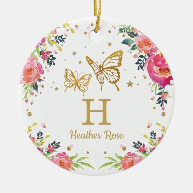 Blumenschmetterlings-1. erstes WeihnachtsFoto Keramik Ornament (Vorne)