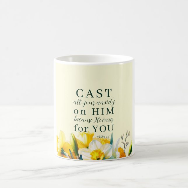 Blumenschrift 1 Peter 5:7 Kaffeetasse (Mittel)