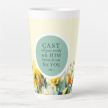 Blumenschrift 1 Peter 5:7 Latte Tasse
