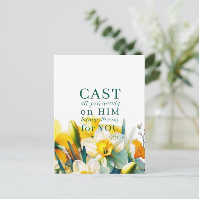 Blumenschrift 1 Peter 5:7 Postkarte (Stehend Vorderseite)