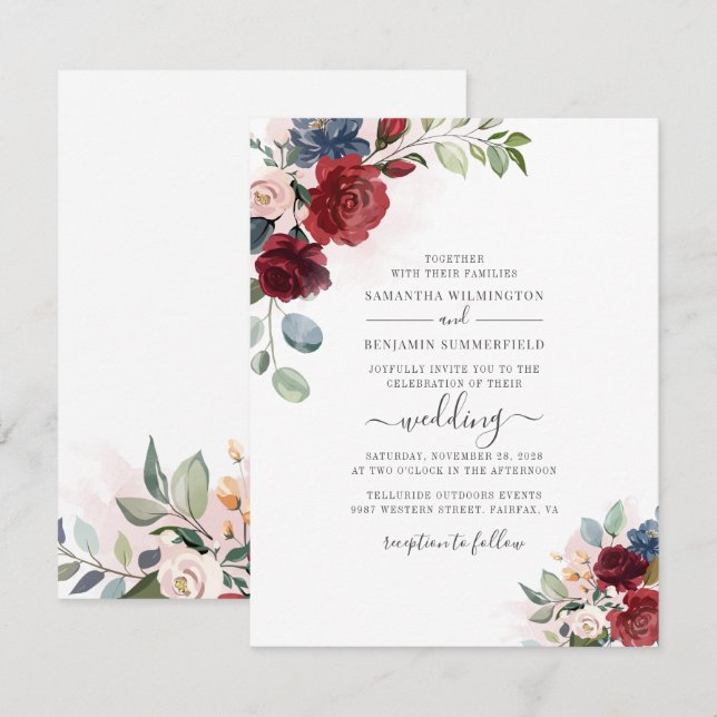Blumenschrift Burgundy Botanische Moderne Hochzeit Einladung (Vorne/Hinten)