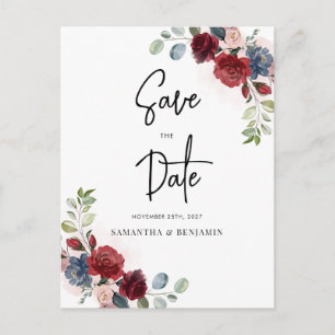 Blumenschrift Burgundy Wedding speichern das Datum Ankündigungspostkarte