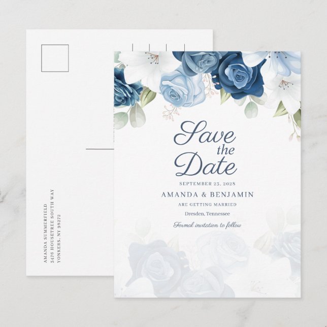 Blumenschrift Dusty Blue Wedding speichern das Dat Ankündigungspostkarte (Vorne/Hinten)