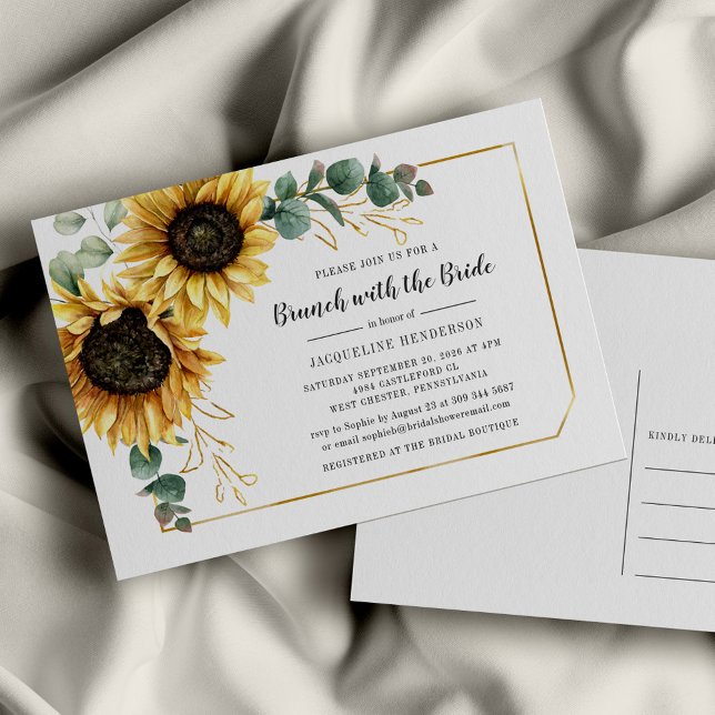 Blumenschrift Eukalyptus Sunflower Bridal Brunch Einladungspostkarte (Floral Sunflower Eucalyptus Brunch with the Bride Bridal Shower Invitation)