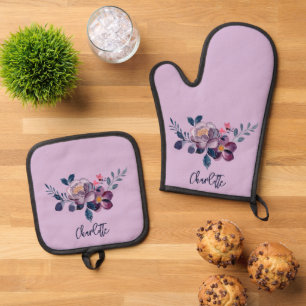Blumenschrift Lila Bloom Personalisiert Ofenhandschuh & Topflappen-Set