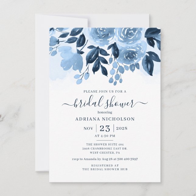 Blumenschrift Navy Blue Watercolor Brautparty Einladung (Vorderseite)
