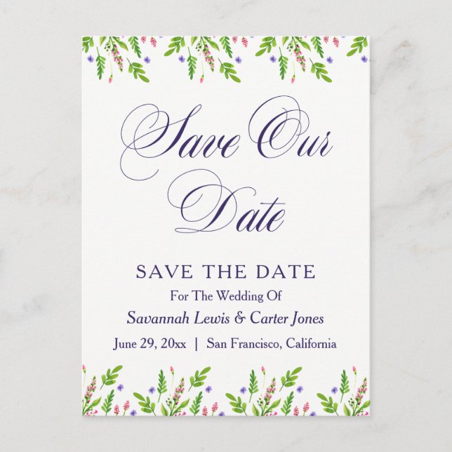 Blumenschrift "Save the Date" Postkarte (Vorderseite)