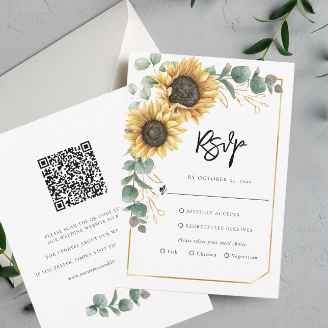 Blumenschrift Sonnenblumen QR Code Hochzeit RSVP Karte (Floral Sunflower Eucalyptus Greenery Wedding RSVP Card)