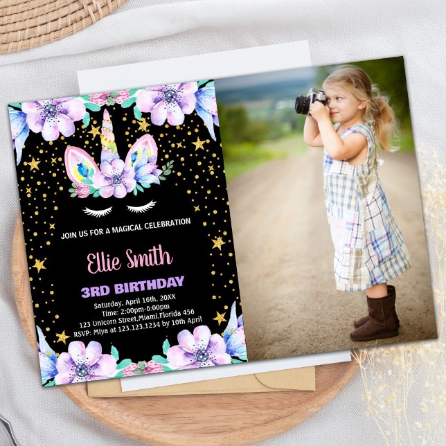 Blumenschwarz Einhorn Einladung zum Foto (Floral Black Unicorn Birthday Invitations w photo)