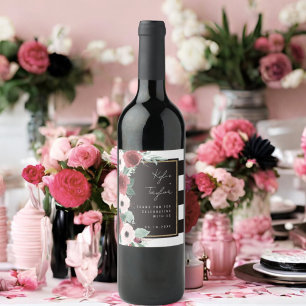 Blumenschwarz und weißer Streifen Magenta Wedding Weinetikett