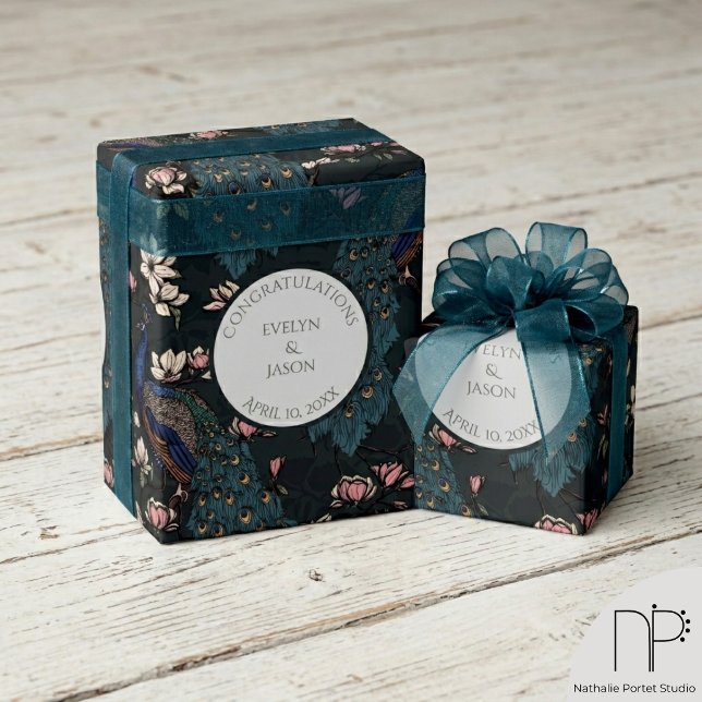 Blumenschwarz-Verlobung-Pflasterpapier Geschenkpapier (Hand drawn Chinoiserie peacock and magnolia wrapping paper for elegant engagement party gifts)