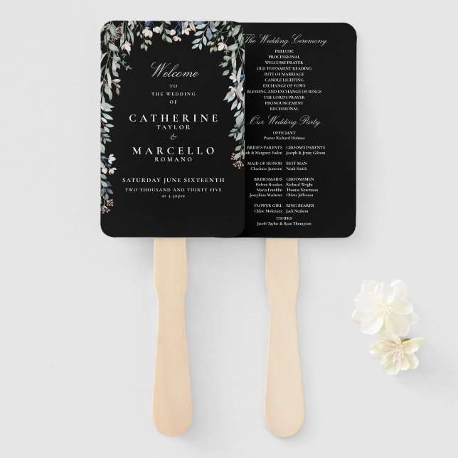 Blumenschwarz-Weiß-Hochzeitsprogramm Fächer (Vorne und Hinten)