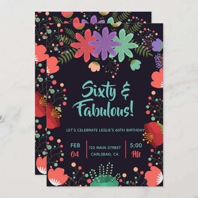Blumenschwarzer bunter Garten fabelhaft Geburtstag Einladung (Vorne/Hinten)