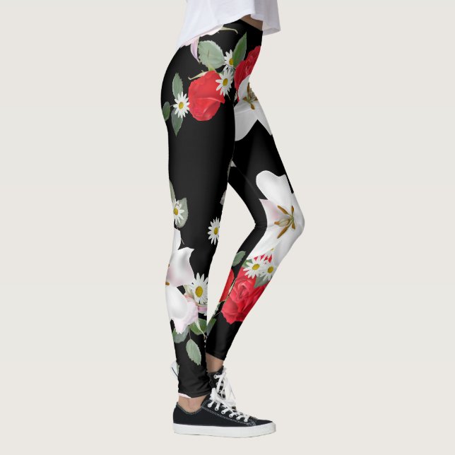 Blumenschwarzer Hintergrund Leggings (Rechts)