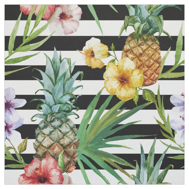 Blumenschwarzstreifen der Watercolorananas Stoff (Muster)