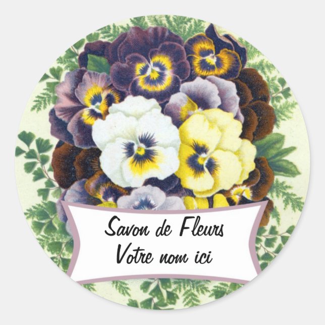 Blumenseife Kosmetik Parfüm Aufkleber mit Stiefmüt (Vorderseite)