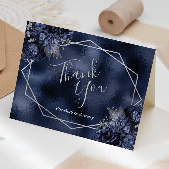 Blumensilber Geometric Navy Blue Foil Wedding Dankeskarte (Von Creator hochgeladen)