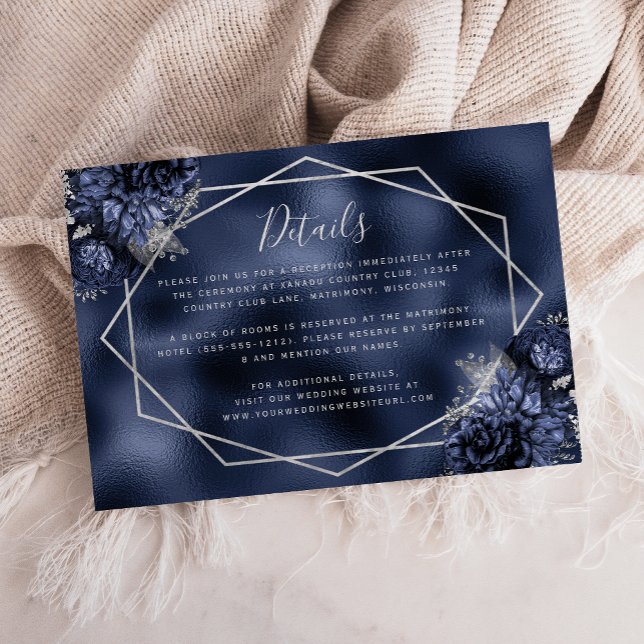 Blumensilber Geometric Navy Blue Wedding Details Begleitkarte (Von Creator hochgeladen)