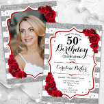Blumensilber Weiße Rote Rosen Foto 50. Geburtstag Einladung<br><div class="desc">Elegante, florale, weibliche 50. Geburtstagseinladung mit Ihrem Foto auf der Kartenrückseite. Glam weiß, rotes Design mit Imitaten Glitzer Silber. Enthält Streifen, rote Rosen, Skript-Schriftart und Konfetti. Ideal für ein stilvolles Party für Erwachsene. Personalisieren Sie Ihre persönlichen Daten. Kann für jedes Alter angepasst werden! Gedruckte Zazzle Einladungen oder Sofortdownload digitalen druckbaren...</div>