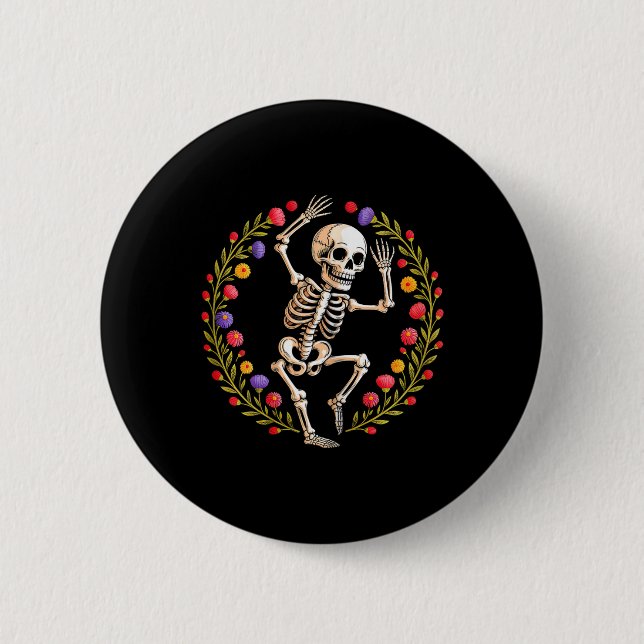 Blumenskelett Funny Goth Halloween Kostüm für W Button (Vorderseite)