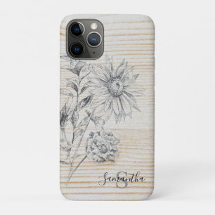 Blumenskizze auf Imitaten Holzhintergrundmonogramm Case-Mate iPhone Hülle