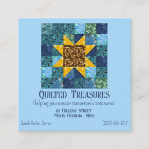 Blumensonnenblume auf blauem Patchwork Quilt Geome Quadratische Visitenkarte