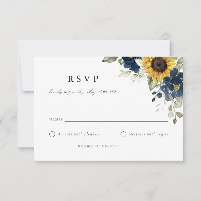 Blumensonnenblumen Navy Blue Wedding RSVP Card Einladung (Vorderseite)