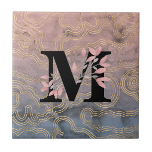 Blumensprays m-Monogramm-w/Pink auf Wellen Bckgrnd Fliese