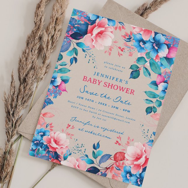 Blumenspülung Blauer Rosa Rett Date Champagne Einladung (Floral Baby Shower Blue Pink Save Date Champagne Invitation)