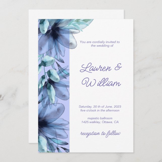 Blumenstaubblauer violetter Hochzeitsinvestit Einladung (Vorne/Hinten)