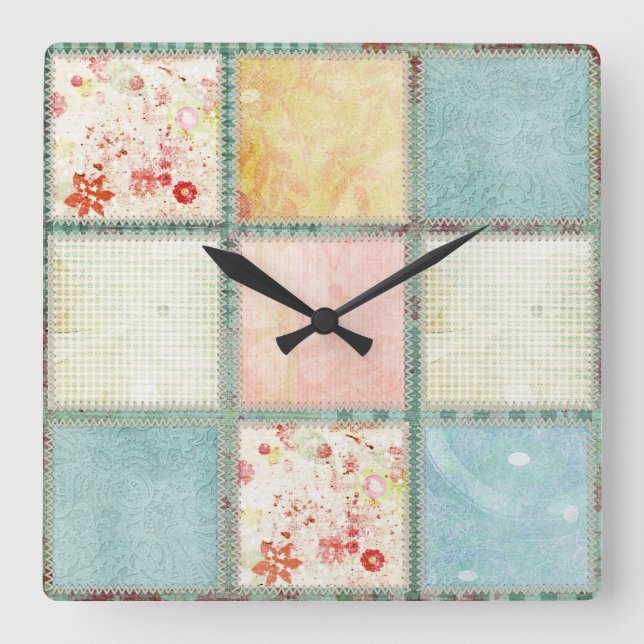 Blumensteppdecken-Quadrate Quadratische Wanduhr (Vorderseite)